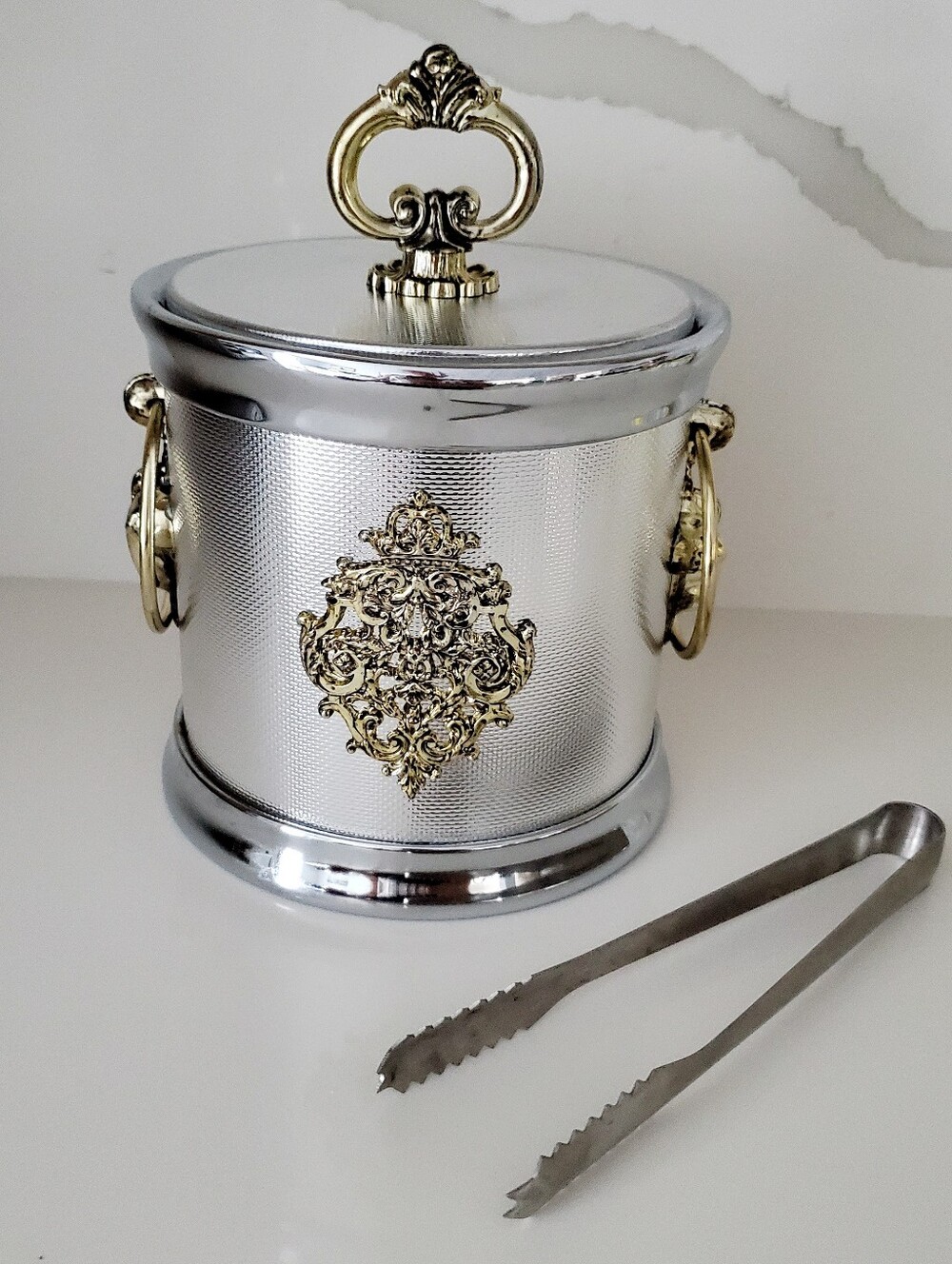 Vintage MCM Decorative Silver & Gold Ice Bucket w/ Tongs Ram Head Detailing